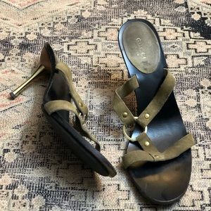 Gucci olive green suede slides with gold accents